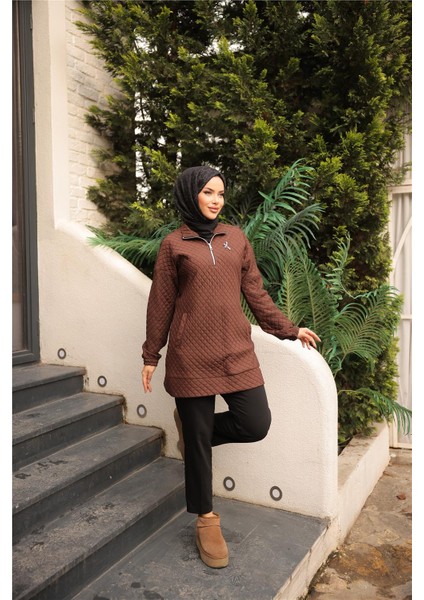 Kısa Fermuarlı Yaka Kapitone Şık Spor Sweat - (38-46) - 71227 - Kahverengi fırsatları