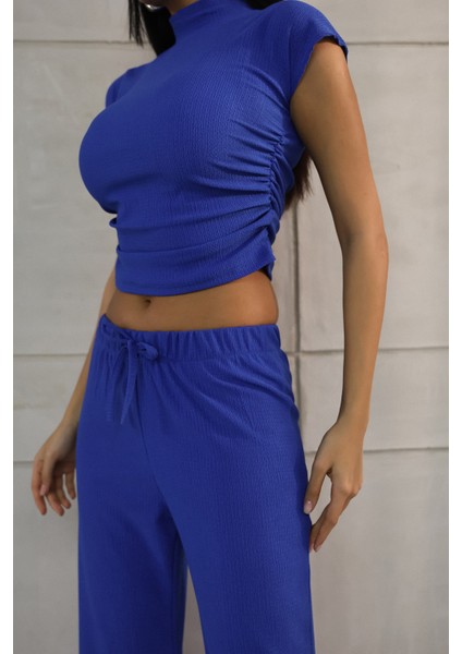 Kadın Yanları Büzgülü Bluz-Pantolon Takım