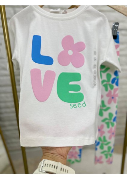 Yeni Sezon Kız Çocuk Pamuklu Çiçek Love Baskılı Alt-Üst T-Shirt ve Taytlı Takım modelleri