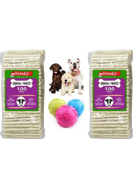 Dental Twists Beyaz Burgu Çubuk 100'lü Mega 2 Paket 1200 gr ve 1 Adet Köpek Isırma Topu