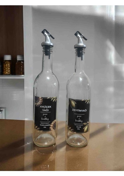 Șeffaf 750 ml Siyah Etiketli Akıtıcılı Yağlık, Yağdanlık