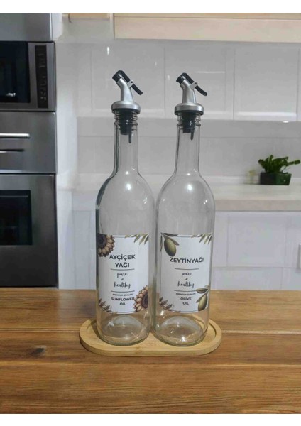 Ahșap Standlı Șeffaf 750 ml Beyaz Etiketli Akıtıcılı Yağlık, Yağdanlık