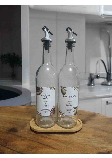 Ahșap Standlı Șeffaf 750 ml Beyaz Etiketli Akıtıcılı Yağlık, Yağdanlık fiyatları