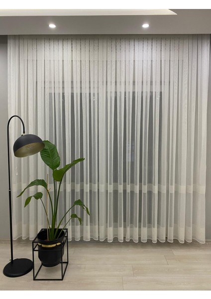 18101 Gold Simli Yatay Şeritli Modern Ekru Tül Perde 1/2,5 Normal Orta Pileli modelleri