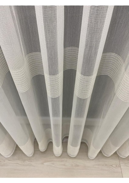 18101 Gold Simli Yatay Şeritli Modern Ekru Tül Perde 1/2,5 Normal Orta Pileli fırsatları
