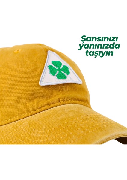 Vintage Yıkamalı Pamuk Şapka Dört Yapraklı Yonca Nakışlı Sarı