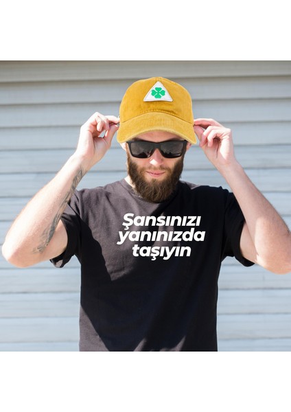 Vintage Yıkamalı Pamuk Şapka Dört Yapraklı Yonca Nakışlı Sarı