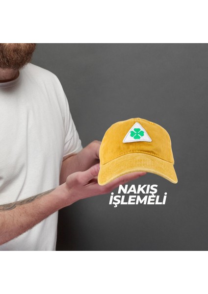 Vintage Yıkamalı Pamuk Şapka Dört Yapraklı Yonca Nakışlı Sarı