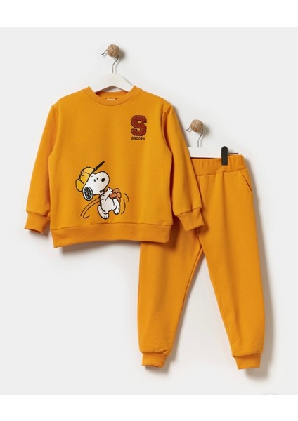 Erkek Çocuk Snoopy Baskılı Nakışlı Pamuklu Içi Polarlı Sarı Alt Üst Takım