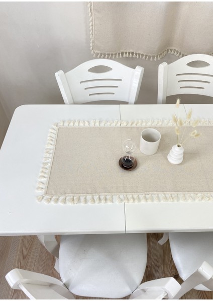40X100 cm | Yıkanmış Buldan Keten Krem Püsküllü - Ponponlu %100 Pamuklu Runner, Sehpa - Masa Örtüsü