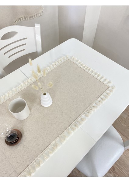 40X100 cm | Yıkanmış Buldan Keten Krem Püsküllü - Ponponlu %100 Pamuklu Runner, Sehpa - Masa Örtüsü fiyatları
