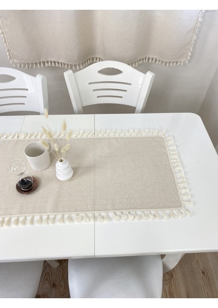 40X100 cm | Yıkanmış Buldan Keten Krem Püsküllü - Ponponlu %100 Pamuklu Runner, Sehpa - Masa Örtüsü modelleri