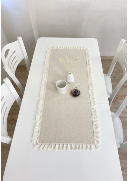 40X100 cm | Yıkanmış Buldan Keten Krem Püsküllü - Ponponlu %100 Pamuklu Runner, Sehpa - Masa Örtüsü fırsatları