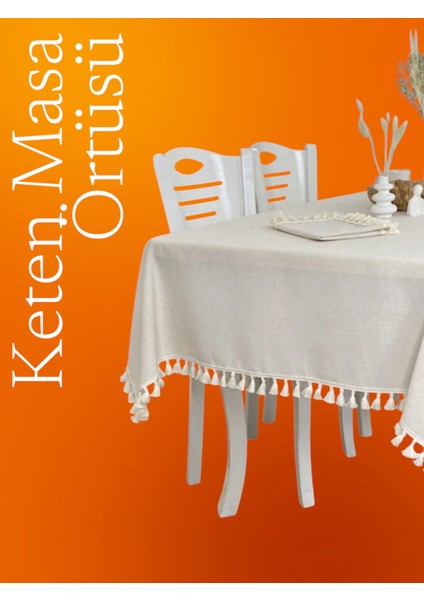 Ham Keten Bej Püsküllü Masa Örtüsü