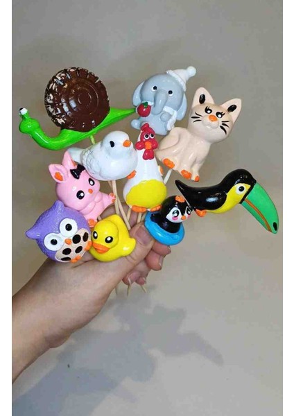10LU Saksı Süsü - 10 Adet Sevimli Hayvanlar Çubuklu Figür - Süslü Kürdan - El Yapımı
