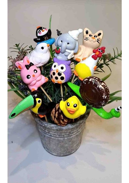 10LU Saksı Süsü - 10 Adet Sevimli Hayvanlar Çubuklu Figür - Süslü Kürdan - El Yapımı fiyatları