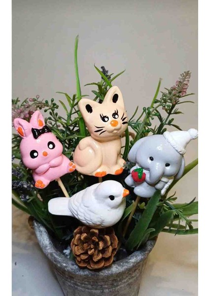 10LU Saksı Süsü - 10 Adet Sevimli Hayvanlar Çubuklu Figür - Süslü Kürdan - El Yapımı modelleri