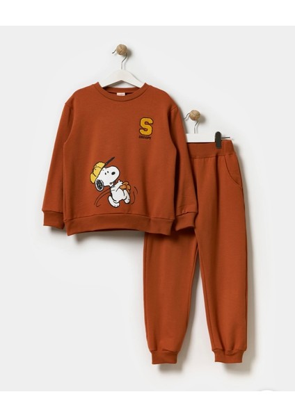 Erkek Çocuk Snoopy Baskılı Nakışlı Kahverengi Alt Üst Içi Polarlı Takım