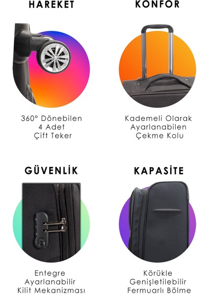 Mor Kabin (Küçük) Orta ve Büyük Boy 3'lü Carry-On Lüks Kumaş Valiz Seti ES0011 fırsatları