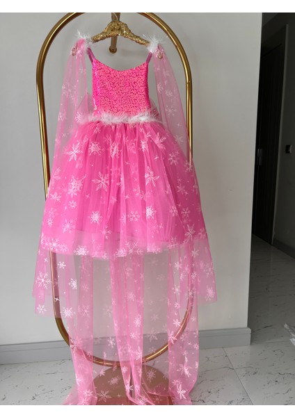 Kız Çocuk Pembe Elsa Frozen Kostüm, Karlar Kraliçesi Doğum Günü Konsepti, Asa Set Hediyeli