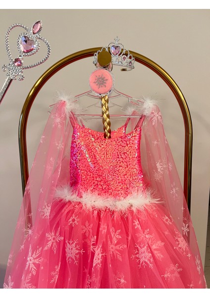 Kız Çocuk Pembe Elsa Frozen Kostüm, Karlar Kraliçesi Doğum Günü Konsepti, Asa Set Hediyeli fırsatları