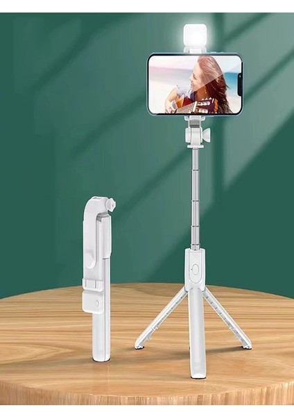 2in1 Masüstü Işıklı Tripod Bluetooth Kumandlı Selfie Çubuğu Ios ve Android Uyumlu Beyaz