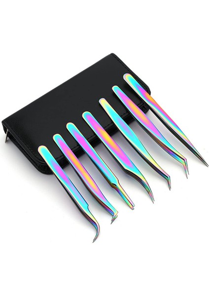 Kirpik Uzatma Cımbız Seti, Fangze 7 Parça Kirpik Seti Gökkuşağı Paslanmaz Çelik Düz ve Kavisli Cımbız Tırnak Sanatı Batık Kıl El Sanatları Için