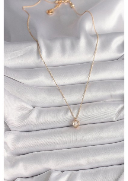 Pirinç Gold Renk Zirkon Taşlı Daire Kafes Model Kadın Kolye - TJ-BKO9828