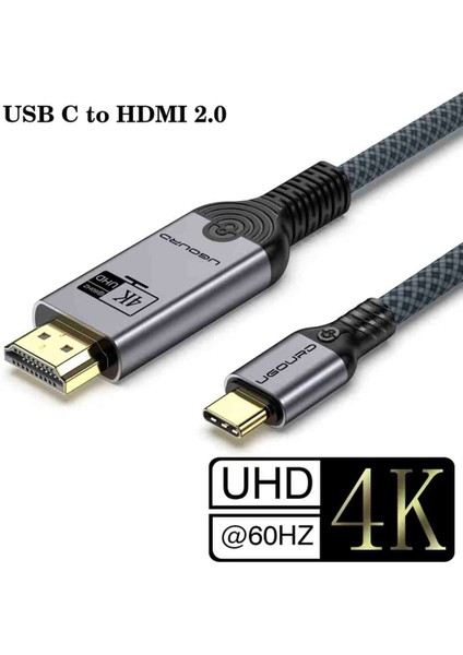 2-Metre Type-C To HDMI 4K 60Hz Ultra Full Hd CE+FCC+ROHS Lisanslı MacBook/Tablet/Telefon Hasır Örgülü Sağlam Kablo Tak Çalıştır Görüntü Aktarım Kablosu