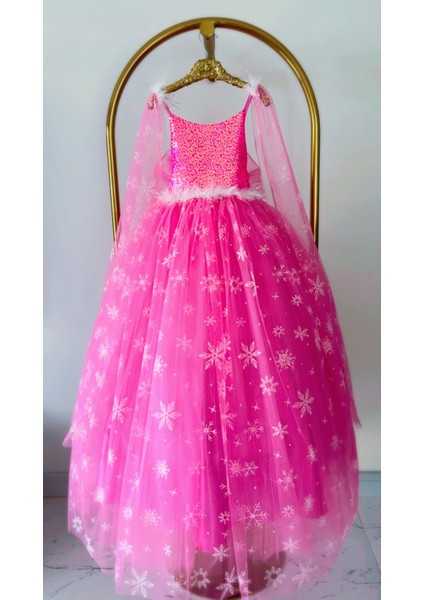 Kız Çocuk Pembe Elsa Frozen Kostüm, Karlar Kraliçesi Doğum Günü Konsepti, Asa Set Hediyeli