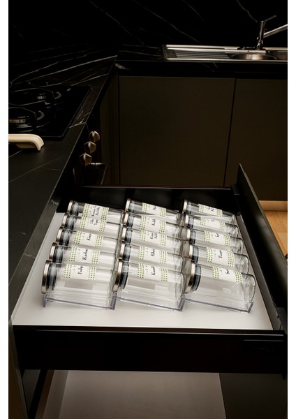 Baharatlık Borosilikat (Cam) Çelik Kapaklı 300ML 15 Adet Kavanoz 3 Adet Çift Stoplu Pleksi Stant modelleri