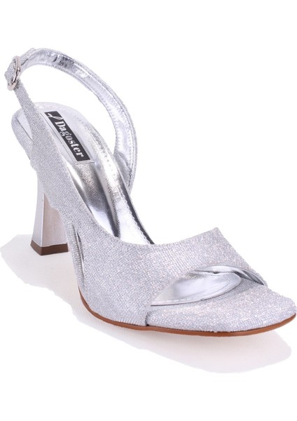 DZA07-928455 Gümüş Simli Abiye Topuklu Kadın Ayakkabı