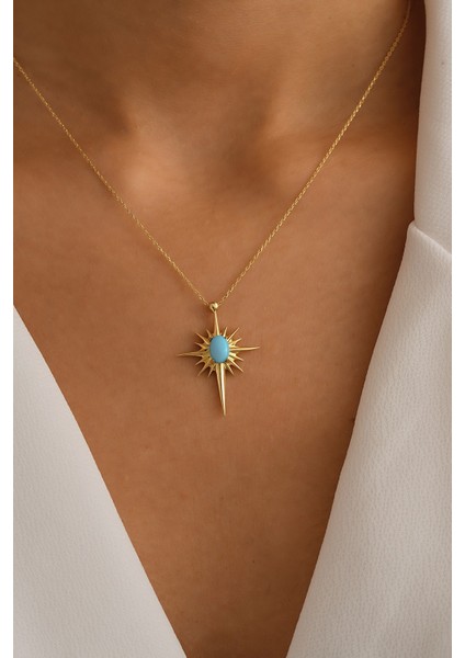 14 Ayar Altın Firuze Taşlı Kutup Yıldızı Kolye