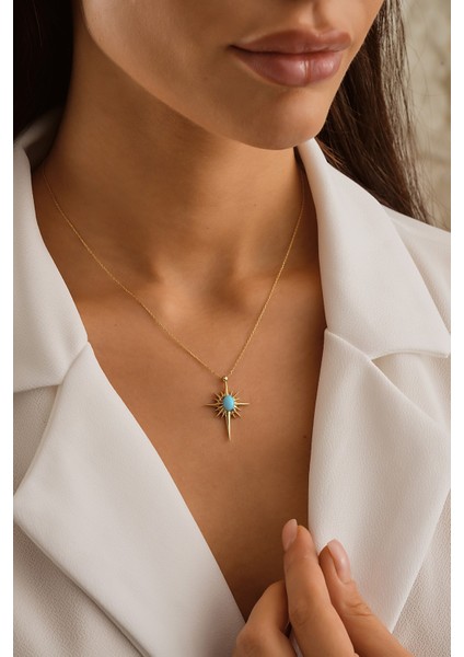 14 Ayar Altın Firuze Taşlı Kutup Yıldızı Kolye fiyatları