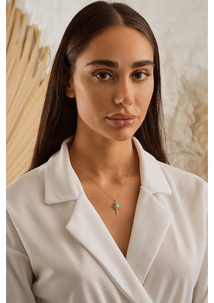 14 Ayar Altın Firuze Taşlı Kutup Yıldızı Kolye modelleri