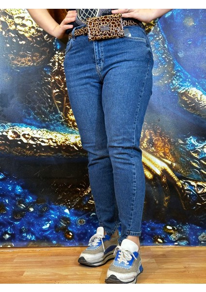 Cot Pantolon Jeans Dar Paça Yüksek Kalite Küçük Leopar Çantalı Kemer Düğmeli, Fermuarlı Cepli