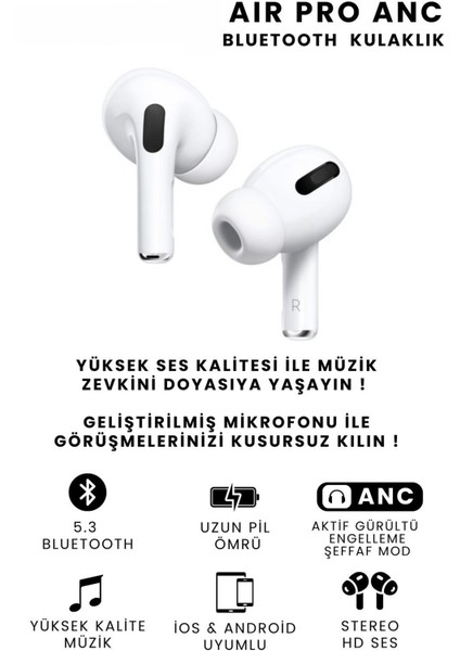 Air Pro Anc Gürültü Engelleyici Bluetooth Kulaklık Ios ve Android Uyumlu Kablosuz Kulaklık fırsatları
