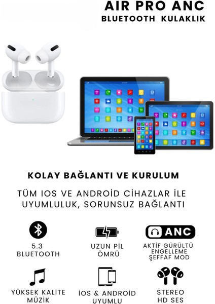 Air Pro Anc Gürültü Engelleyici Bluetooth Kulaklık Ios ve Android Uyumlu Kablosuz Kulaklık indirimleri