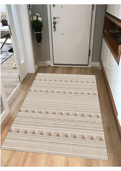 Bej Dijital Baskı Salon Halısı Kaymaz Tabanlı Yıkanabilir Halı Yolluk