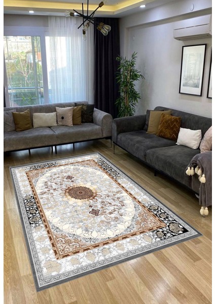 Gri Dijital Baskı Salon Halısı Kaymaz Tabanlı Yıkanabilir Halı Yolluk