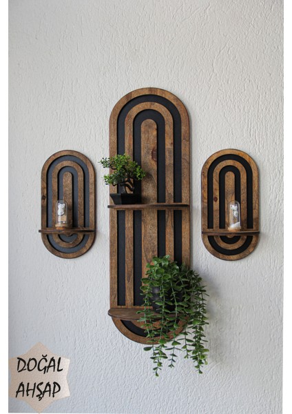 Kemerli Ahşap Tasarımlı Orta Yüzyıl Modern Duvar Rafı 3 Lü Set Ceviz Vernik fiyatları