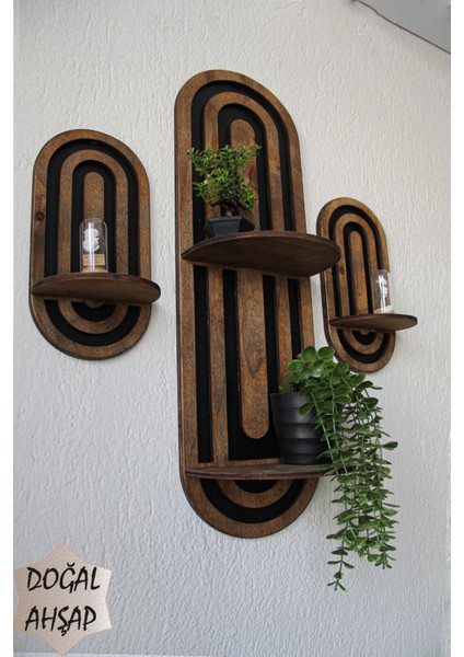 Kemerli Ahşap Tasarımlı Orta Yüzyıl Modern Duvar Rafı 3 Lü Set Ceviz Vernik modelleri