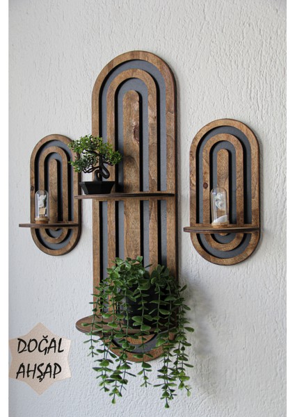 Kemerli Ahşap Tasarımlı Orta Yüzyıl Modern Duvar Rafı 3 Lü Set Ceviz Vernik fırsatları