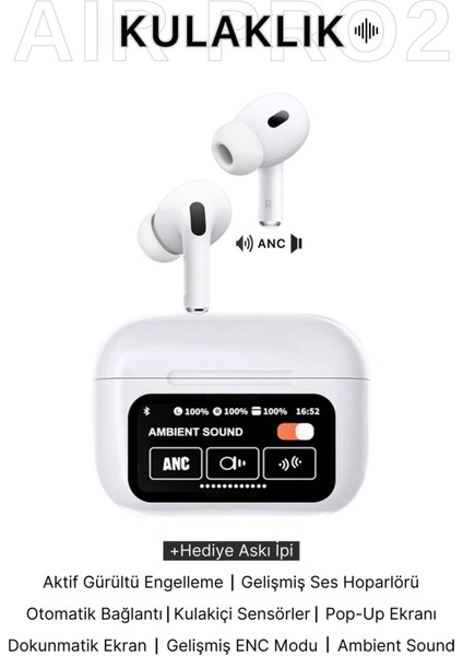 Dokunmatik OLED Ekranlı Air Pro 2 Bluetooth Kulaklık Anc/enc Tüm Modlar Aktif Bluetooth Kulaklık