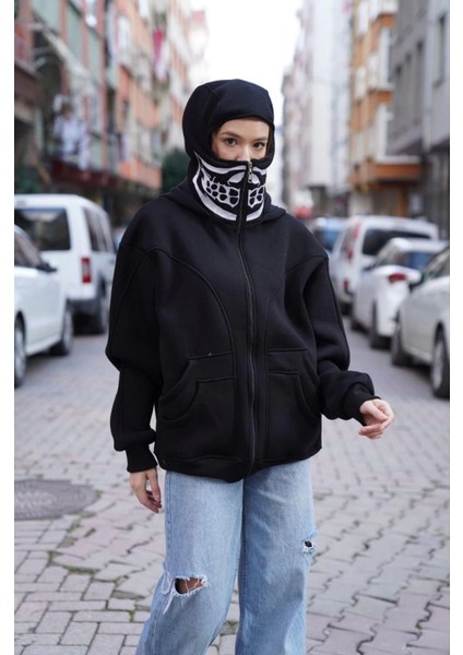 Samuray Kapşonlu Zıp Fermuarlı Çift Kapşonlu Nakışlı Sweatshirt- Siyah