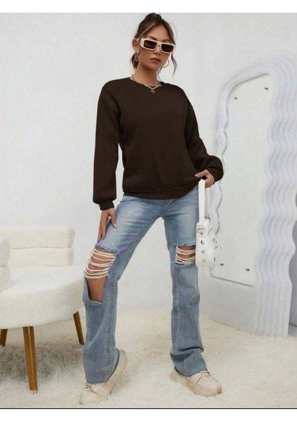 Kadın Uzun Kollu Bisiklet Yaka Şardonlu Üç Iplik Kumaş Sweat modelleri