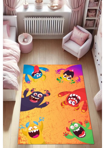 Renkli Sevimli Canavarlar Kaymaz Tabanlı Yıkanabilir Antialerjik Çocuk Halısı