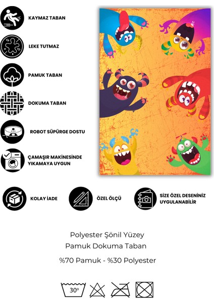 Renkli Sevimli Canavarlar Kaymaz Tabanlı Yıkanabilir Antialerjik Çocuk Halısı fırsatları