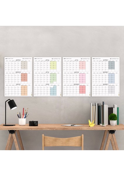 Üç Aylık Planlayıcı 2025 Duvar Takvimi Seti, 90 Günlük Planlama, 2025 Duvar Planlayıcı Takvim, Boho Renkler, 12 Hafta Planlayıcı Takvimi - 70X100CM
