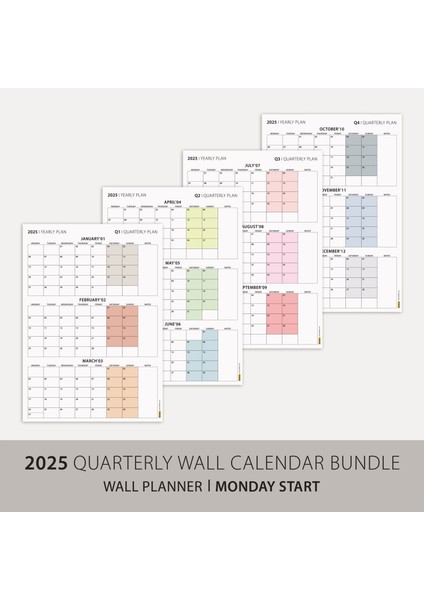 Üç Aylık Planlayıcı 2025 Duvar Takvimi Seti, 90 Günlük Planlama, 2025 Duvar Planlayıcı Takvim, Boho Renkler, 12 Hafta Planlayıcı Takvimi - 35X50CM
